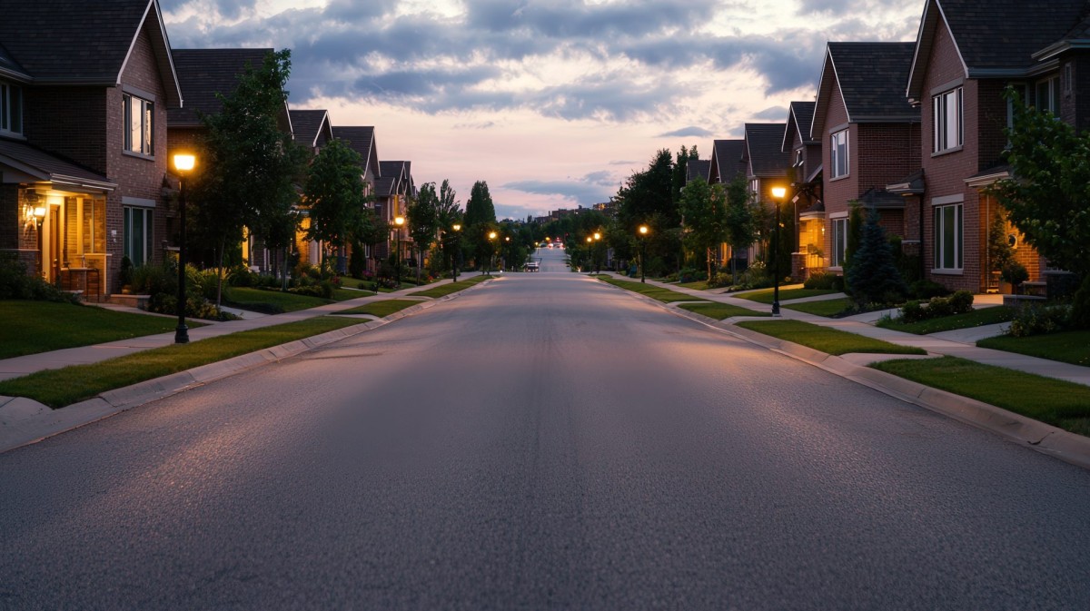 A quiet suburban street lined with similar two-story houses at dusk, illuminated by streetlights, each home carefully maintaining defensible space for fire safety rules, with no people or cars visible.