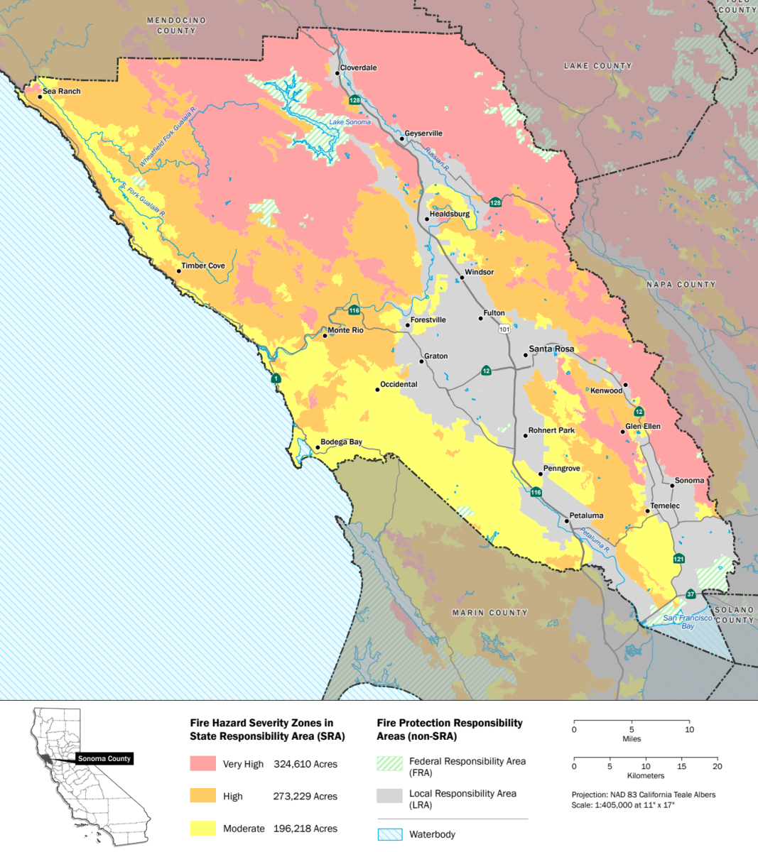 Map of fire hazard severity zones in Sonoma County, California, highlighting very high, high, and moderate risk areas, with marked cities and a legend indicating responsibilities.