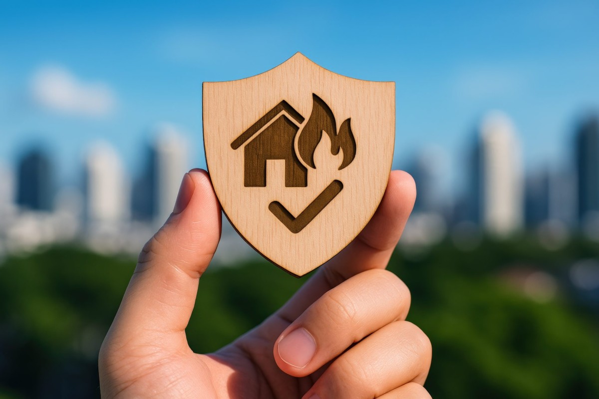 A hand holds a wooden shield icon with a house, fire symbol, and check mark, with a blurred cityscape in the background.