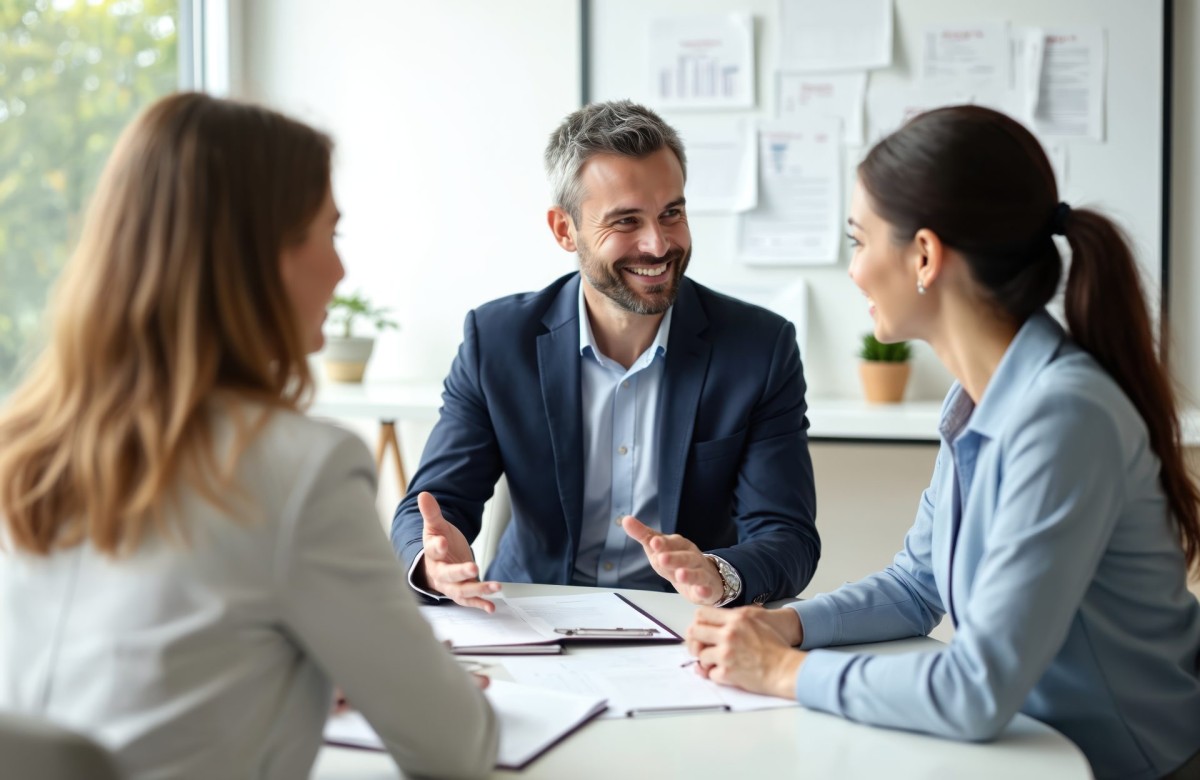 Three people in business attire sit at a desk having a discussion about California FHDS Disclosures, with documents and plants visible in a bright office setting—an environment typical for real estate agents addressing high-risk zones.